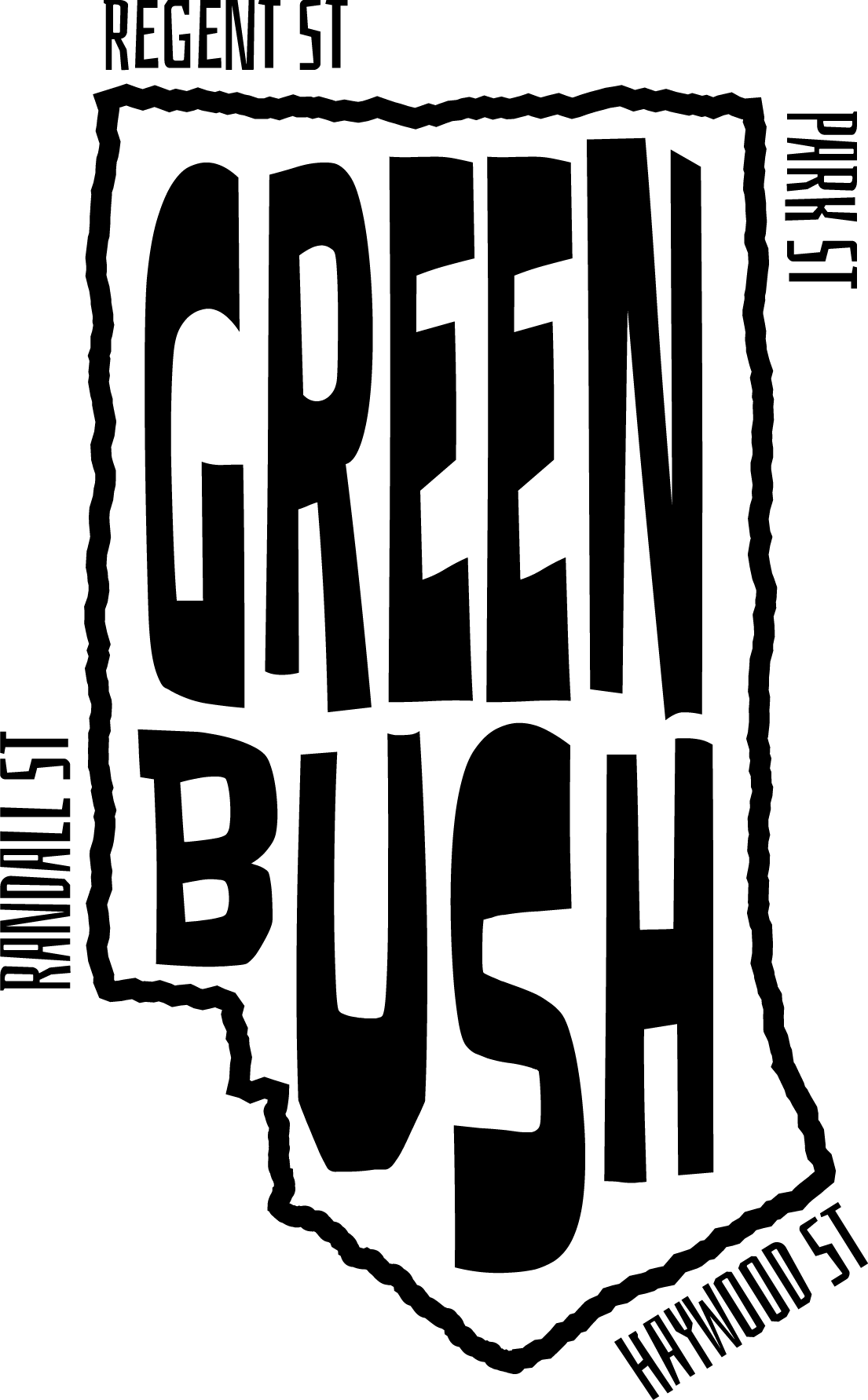 A sketched line drawing of the boundaries of the Greenbush neighborhood, witht the word Greenbush inside in a hand drawn font. The top line is labeled Regent St, the right line is Park St, the bottom angled line is Haywood St, the Left line is Randall St.